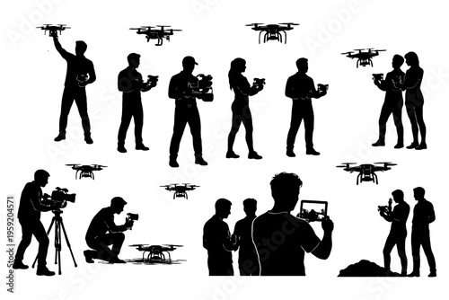Silhouettes of people operating drones and cameras in various poses.