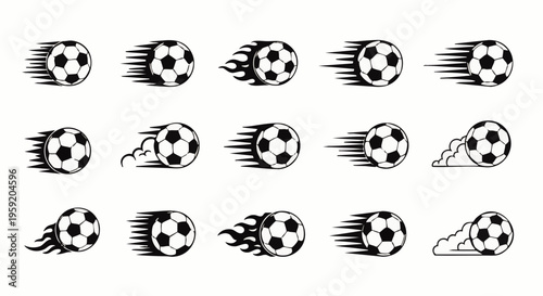 Set of fifteen soccer ball with motion trails and fire effects representing speed and dynamic movement in sports