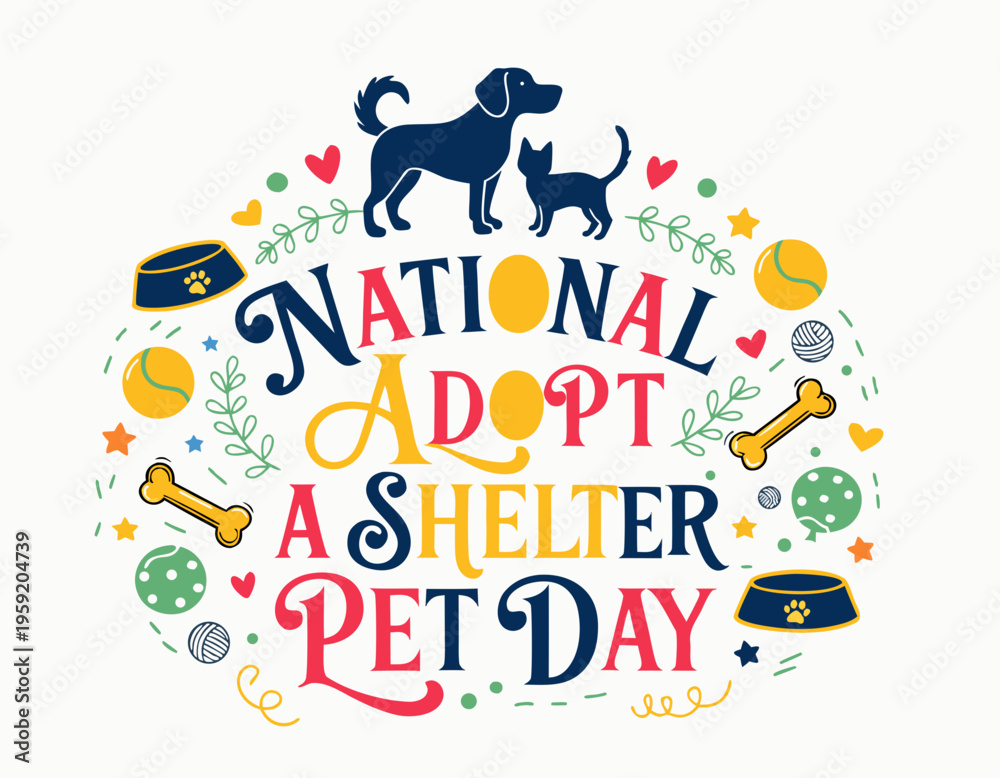 Fototapeta premium NATIONAL ADOPT A SHELTER PET DAY vector illustration isolated on white background