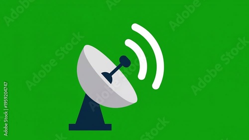 Satellite Dish Broadcasting Signal on Green Screen Background.