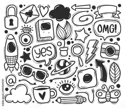 Seamless pattern design featuring a cute collection of hand drawn doodle icons and food elements in a vintage black sketch vector illustration set