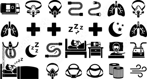 Sleep Apnea CPAP Machine Mask Breathing Device Therapy Treatment Continuous Airway Pressure Respiratory Medical Equipment Vector Icon Set - CPAP Therapy