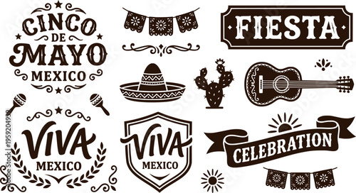 Cinco de Mayo Hand Drawn Lettering Set of 6 Black and White Mexican Holiday Typography
