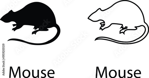 Mouse vector set collection group with rat rodent pest icons, vermin infestation control symbol prohibition sign silhouette outline isolated minimal editable design