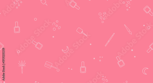 Minimalist pink background with white line art nail polish and manicure tool icons