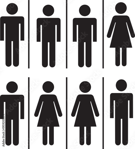 Black male and female stick figure on white background symbol silhouette