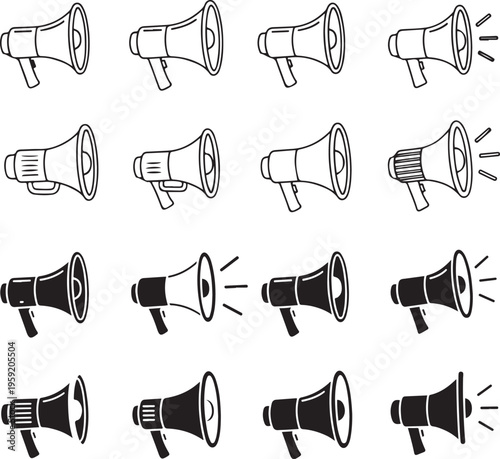 Collection of black and white megaphone in various styles and orientations bullhorn loudspeaker announcement