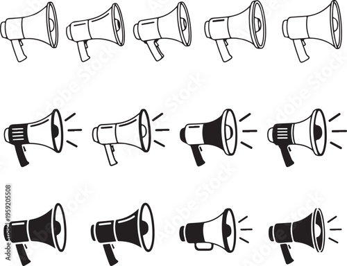 Collection of black and white megaphone and bullhorn speaker announcement sound