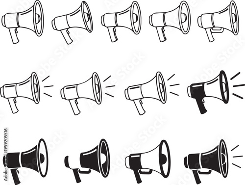 Collection of black and white megaphone with sound waves bullhorn loudspeaker 1 announcement