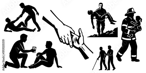 Charity, help and rescue silhouettes set. Volunteering, social support and humanitarian aid concept with people helping each other isolated