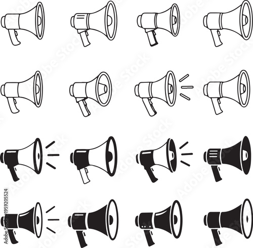 Collection of black and white megaphone with sound waves bullhorn loudspeaker announcement