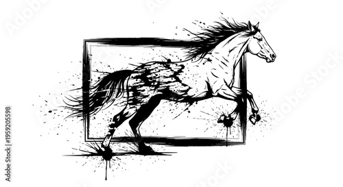 Dynamic horse emerging from rectangle frame with splash effects in black and white