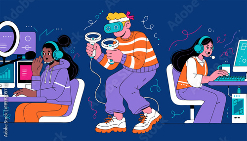 Esports and Virtual Reality Concept Flat Vector Characters Gaming and Broadcasting.eps