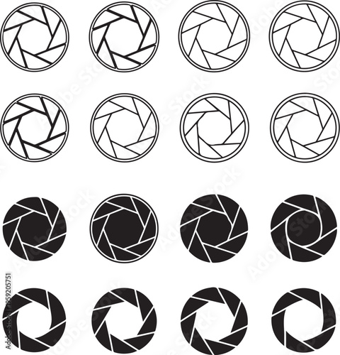 Collection of twelve camera aperture diaphragm in black and white iris lens
