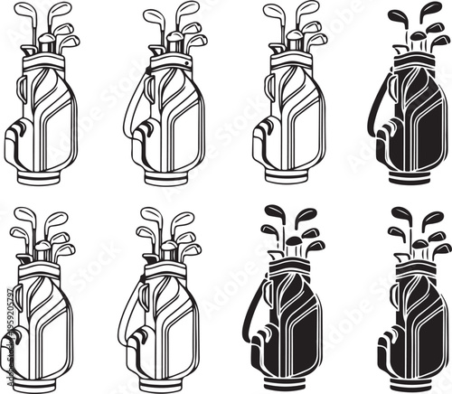 Eight golf bags with clubs in black and white line and silhouette styles golf clubs sports equipment