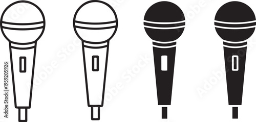 Four microphones outlined and filled black on white background audio sound music