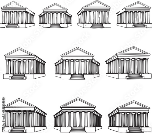 Greek temple facade with columns and pediment in multiple perspectives ancient architecture