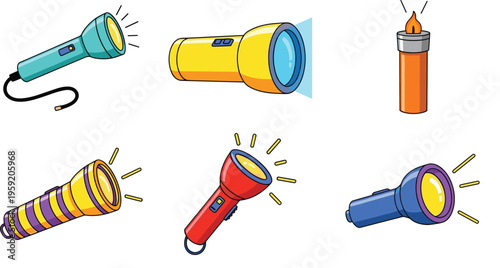 Schilderij op canvas Flashlight Vector Set Featuring Various Torches and Handheld Lights with Beam Ef