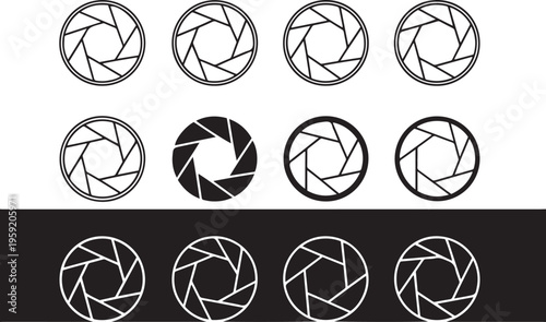 Set of camera aperture diaphragm in black and white lens symbol abstract