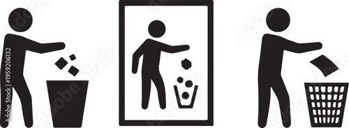 Three black silhouette of people throwing trash into bins garbage waste 1 disposal