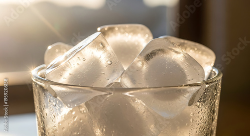 Cold Ice Cubes in Glass Bowl with Sunlight