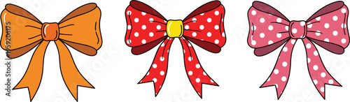 Decorative Ribbon Bow Vector Set Featuring Cute Gift Bows with Polka Dot Patterns in Cartoon Style for Holiday Packaging and Design Collection
