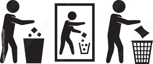 Three black silhouette of people throwing trash into bins garbage waste disposal