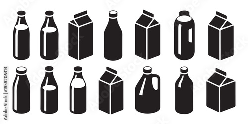 Milk Bottle and box set icon concept. Simple solid style. line stroke icons