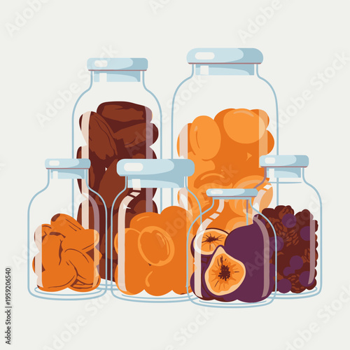 Dried fruit in glass jars.