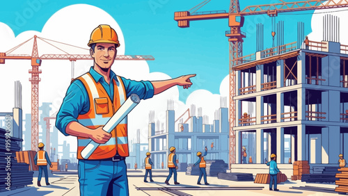 Construction Manager Directing Team on Building Site with Blueprints