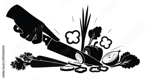 Hand slicing fresh vegetables with a sharp knife, preparing a healthy meal