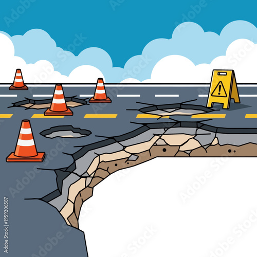 Damaged Road with Potholes and Warning Cones