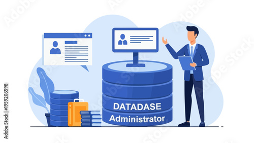 Database administrator managing data systems with computer and files