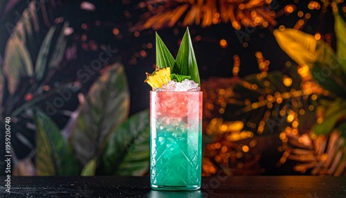 Tiki Style Mai Tai Cocktail with Pineapple and Mint Garnish in a Tropical Setting