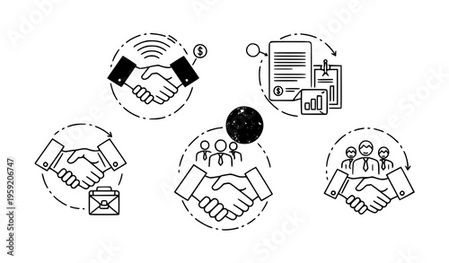 Business handshake outline icons representing agreement teamwork partnership and financial collaboration