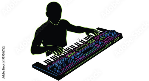 Musician's silhouette playing a vibrant synthesizer with focused intensity.