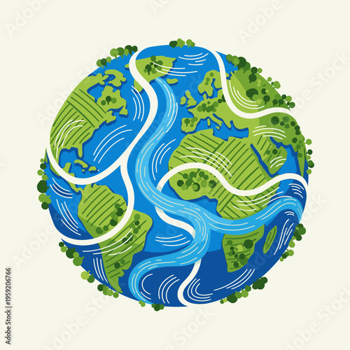 Earth with flowing water rivers.