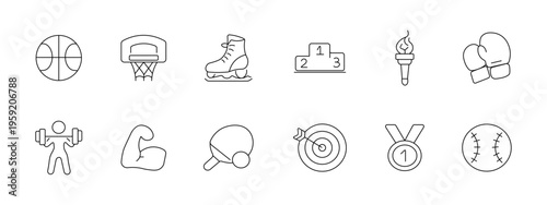 Sport competition achievement set icon. Basketball hoop skate podium torch gloves weight muscle paddle target medal baseball depict fitness victory training.