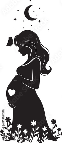 Pregnant woman silhouette under crescent moon and stars, Generative Ai
