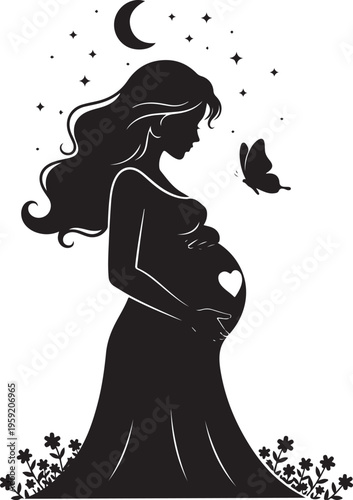 Pregnant woman silhouette with butterfly and moon, Generative Ai