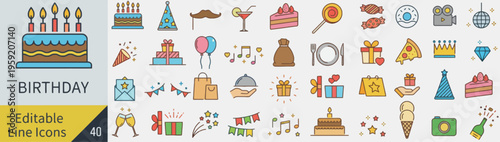 birthday editable line icons vector illustration