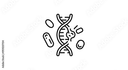 DNA helix with damaged strand and surrounding cells, scientific research icon