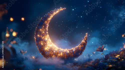 glowing crescent moon with sparkling lights isolated on transparent background
