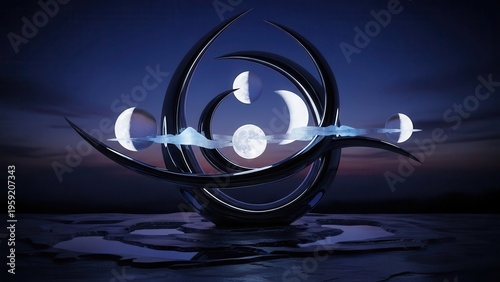 Serene, futuristic, and enigmatic abstract sculpture crafted from polished dark chrome, featuring elegantly intertwined rings that cradle luminous celestial spheres depicting various moon phases and