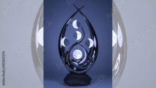 A sleek, contemporary, and highly polished chrome-plated metal sculpture, elegantly intertwined, featuring a vertical display of luminous, glowing moon phases depicting the lunar cycle, prominently