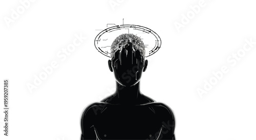 Silhouette of a person with a futuristic glowing halo and technical diagram, representing advanced technology and human consciousness.