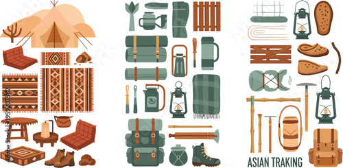 Asian trekking camping equipment set with traditional textiles hiking gear and outdoor essentials flat vector illustration