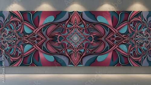 An intricate, symmetrical, and captivating contemporary abstract wall art piece with a deep, colorful paper-cut style layered graphic design featuring organic flowing patterns in shades of teal,