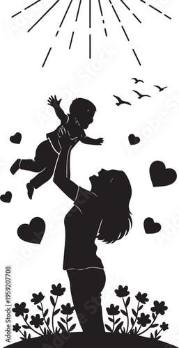 Fotografia Silhouette of a woman holding baby with hearts and sun, Generative Ai