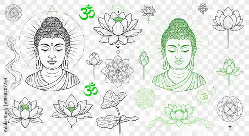 Buddha Head and Lotus Flowers Line Art Collection - Zen, Meditation, Spirituality